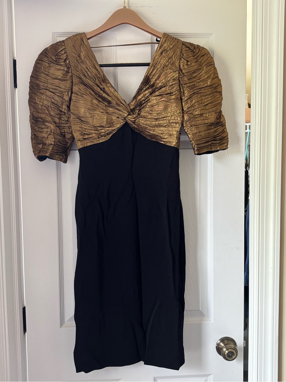 Black Midi Dress with Gold Metallic Twist Bodice